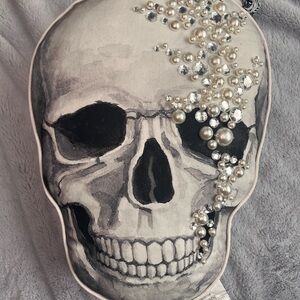 CXL BY CHRISTIAN LACROIX -Beaded Skull Pillow Silver/ White 11x16 Halloween